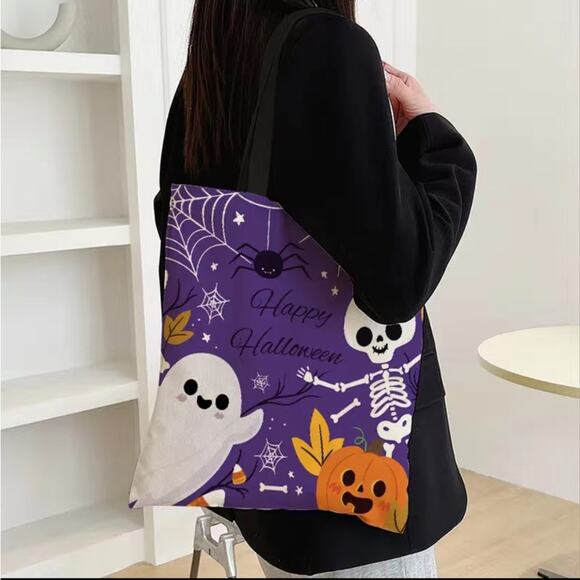 Women's Spooky Fun Halloween Skelton Pattern Canvas Tote Bag - Picture 1 of 9